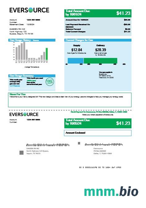 USA Eversource Gas rachunek za usługi komunalne szablon w formacie Word i PDF, dobre dla adresu udowodnić